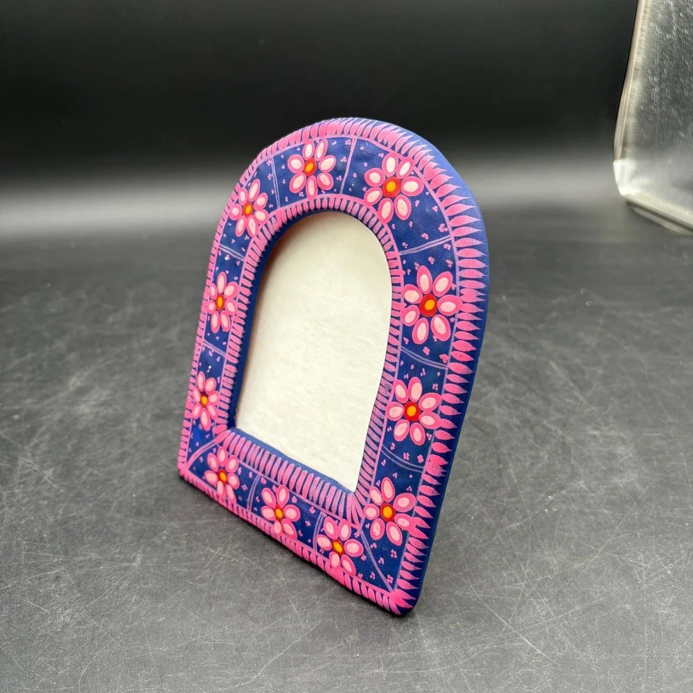 Mexican Folk Art Terra Cotta Picture Frame Hand Painted Blue Pink Floral Arched